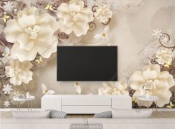 پوستر دیواری پشت تلویزیون با گل های کرمی BA-2611