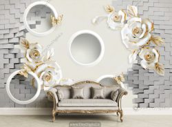 پوستر دیواری سه بعدی گل سفید طلایی BA-2735
