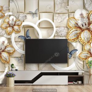 پوستر دیواری پشت تلویزیون گل طلایی سه بعدی