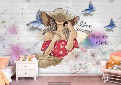 پوستر دیواری فانتزی طرح دختر کلاهی و لباس صورتی با پروانه های آبی