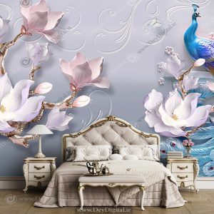 پوستر دیواری گل سه بعدی با طاووس