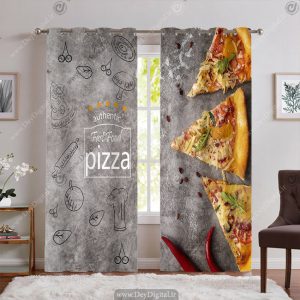 پرده پانچ چاپی طرح پیتزا با زمینه طوسی