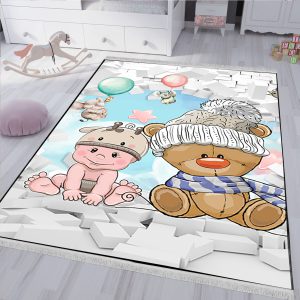 فرشینه نوزاد طرح خرسی با زمینه آجر
