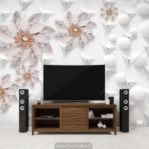 پوستر دیواری پشت تلویزیون گل جواهری سفید BA-3308