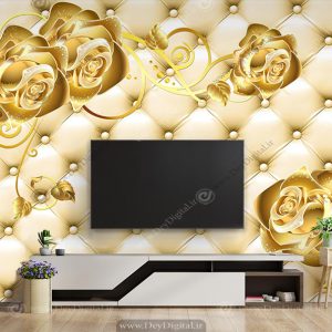 پوستر دیواری پشت تی وی گل طلایی و لمسه