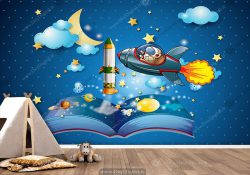 پوستر دیواری اتاق کودک طرح آسمان پر ستاره و فضا پیما و سیاره‌ها