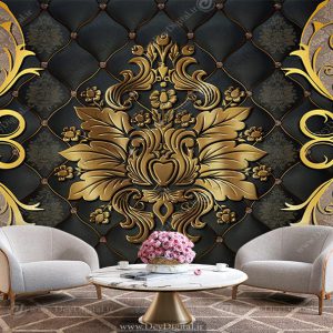 پوستر دیواری کلاسیک گل داماسک مشکی طلایی BA-3325