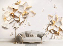 پوستر دیواری سه بعدی گل سفید طلایی BA-3364