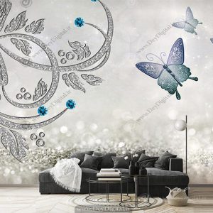 پوستر دیواری گل سه بعدی نگین دار با سنگ های زمردی