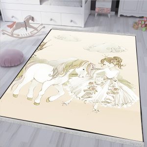 فرشینه طرح پرنسسی و اسب تک شاخ با زمینه کرمی