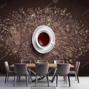 کاغذ دیواری کافی شاپ طرح فتجون قهوه و نقاشی های خطی