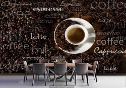 کاغذ دیواری طرح فنجون قهوه با دانه‌های قهوه برای کافه