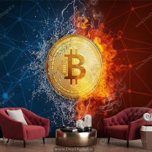 پوستر دیواری سکه بیت کوین زمینه آبی قرمز