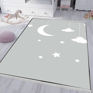 فرش چاپی طرح ماه و ابر و ستاره ساده با زمینه طوسی روشن