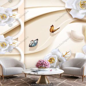 پوستر دیواری گل سه بعدی سفید زمینه کرمی