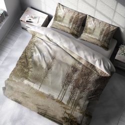 ست روتختی دونفره طرح نقاشی طبیعت با تم قهوه ای و کرمی