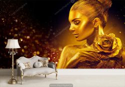 پوستر دیواری مدرن طرح چهره زن رنگ مشکی طلایی
