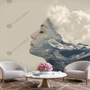 پوستر دیواری چهره زن به صورت نیم رخ و امواج دریا