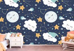 کاغذ دیواری کودک ماه و ستاره در آسمان ابری
