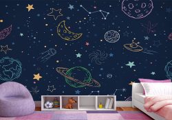 کاغذ دیواری طرح کودکانه منظومه شمسی و سفینه فضایی