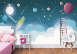 پوستر دیواری اتاق کودک طرح سیاره و ماه و ستاره