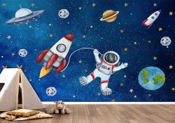 پوستر دیواری فضانورد در فضا با موشک و سیاره ها
