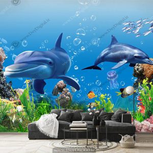 پوستر سه بعدی زیر دریا با گیاهان دریایی ،ماهی و کوسه ها