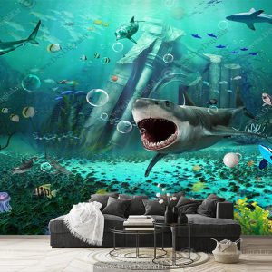 پوستر سه بعدی زیر دریا طرح کوسه و گیاهان دریایی