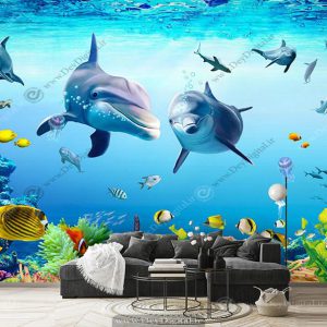 پوستر دیواری طبیعت طرح دلفین ها در زیر اقیانوس