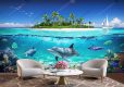 پوستر دیواری طبیعت طرح جزیره در دریا و دلفین های زیر آب