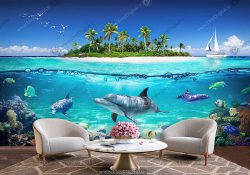 پوستر دیواری طبیعت طرح جزیره در دریا و دلفین های زیر آب