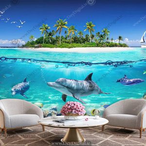 پوستر دیواری طبیعت طرح جزیره در دریا و دلفین های زیر آب