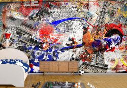 کاغذ دیواری پسرانه طرح ماشین نقاشی شده با ترکیب پرچم آمریکا