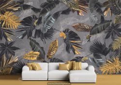 پوستر دیواری شیک سه بعدی طرح برگ های طلایی طوسی