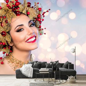 پوستر دیواری چهره خندان یک زن میکاپ شده با تاج طلایی برای سالن زیبایی