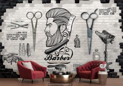 پوستر دیواری طرح چهره مرد وکتوری با لوازم آرایشگری تیغ و قیچی رو دیوار سه بعدی