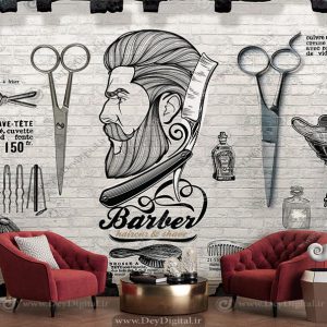 پوستر دیواری طرح چهره مرد وکتوری با لوازم آرایشگری تیغ و قیچی رو دیوار سه بعدی