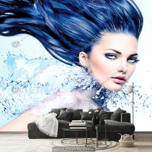 پوستر دیواری چهره زن با موهای بلند آبی تیره