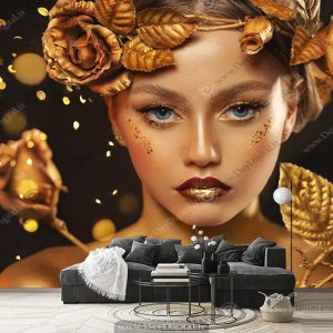 پوستر دیواری فیس زن میکاپ شده با تاج گل رز طلایی