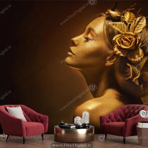 پوستر دیواری فیس نیم رخ مشکی طلایی زن زیبا با موهای شینیون شده