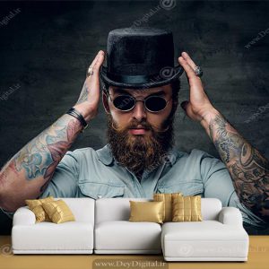 پوستر دیواری چهره یک مرد ریش بلند با عینک دودی و کلاه برای آرایشگاه مردانه