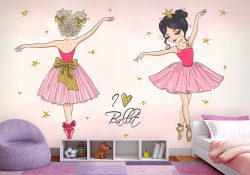 پوستر دیواری اتاق نوجوان طرح دو دختر با پیراهن کوتاه در حال رقص با زمینه صورتی