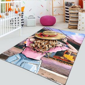 فرش چاپی طرح گرافیکی دختری با کلاه حصیری و زمینه شهر نیویورک