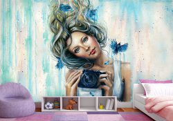 پوستر دیواری اتاق دختر طرح نقاشی از دختر جوان با دوربین عکاسی