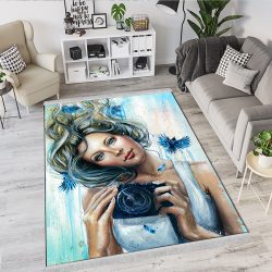فرش چاپی طرح گرافیکی دختری درحال عکاسی با تم آبی روشن