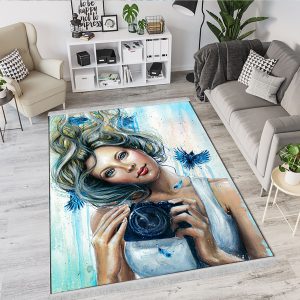 فرش چاپی طرح گرافیکی دختری درحال عکاسی با تم آبی روشن