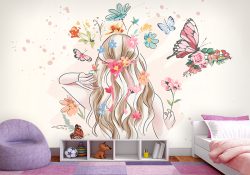 پوستر دیواری دخترانه طرح نقاشی آبرنگی از دخترک با موهای بلند و گل و پروانه