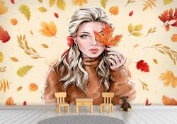 پوستر دیواری اتاق دختر طرح دختر پاییز با برگ های پاییزی