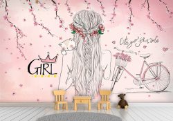 پوستر اتاق نوجوان دخترانه طرحنقاشی شکوفه گل با دختری مو بلند صورتی