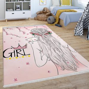 فرشینه طرح دختری با گربه و زمینه شکوفه های صورتی
